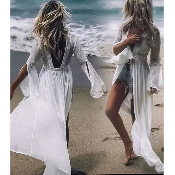 New Boho Flowy Mesh Lace Tie Maxi Kimono Dress Duster Jacket Robe Swim Cover Up - Picture 2 of 16